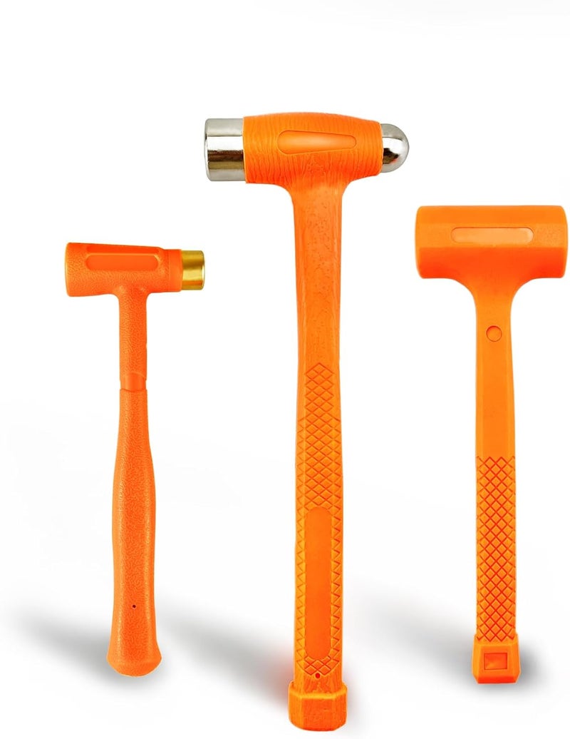 ct 3-Pieces Dead Blow Hammer Set, Brass Hammer, Ball-Peen Hammer, and Dead Blow Hammer,Orange,Shockproof Design, No Rebound Hammer, Unibody Molded Checkered Grip, Spark and Rebound Resistant - Image 1